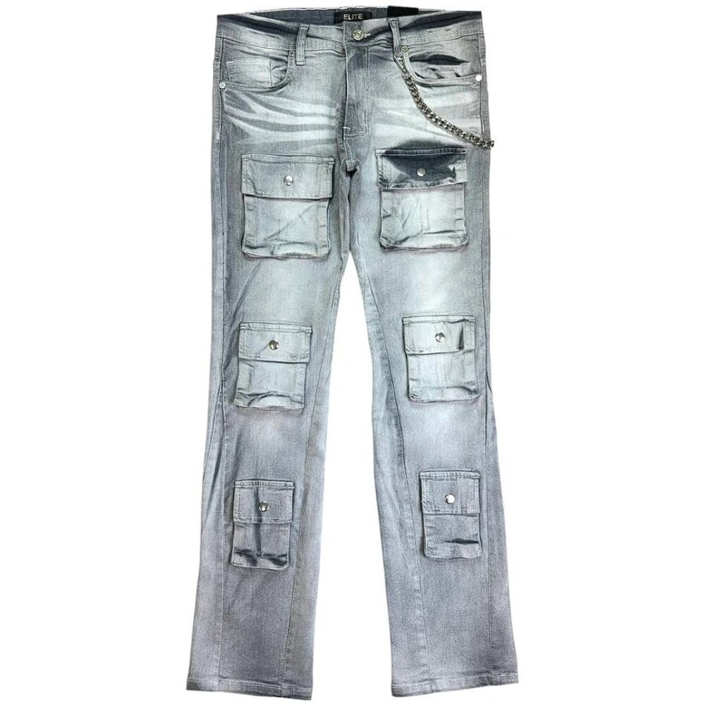 ELITE PREMIUM DENIM Men's Cargo Premium Stacked Jeans Grey + Cuban Link Size 38